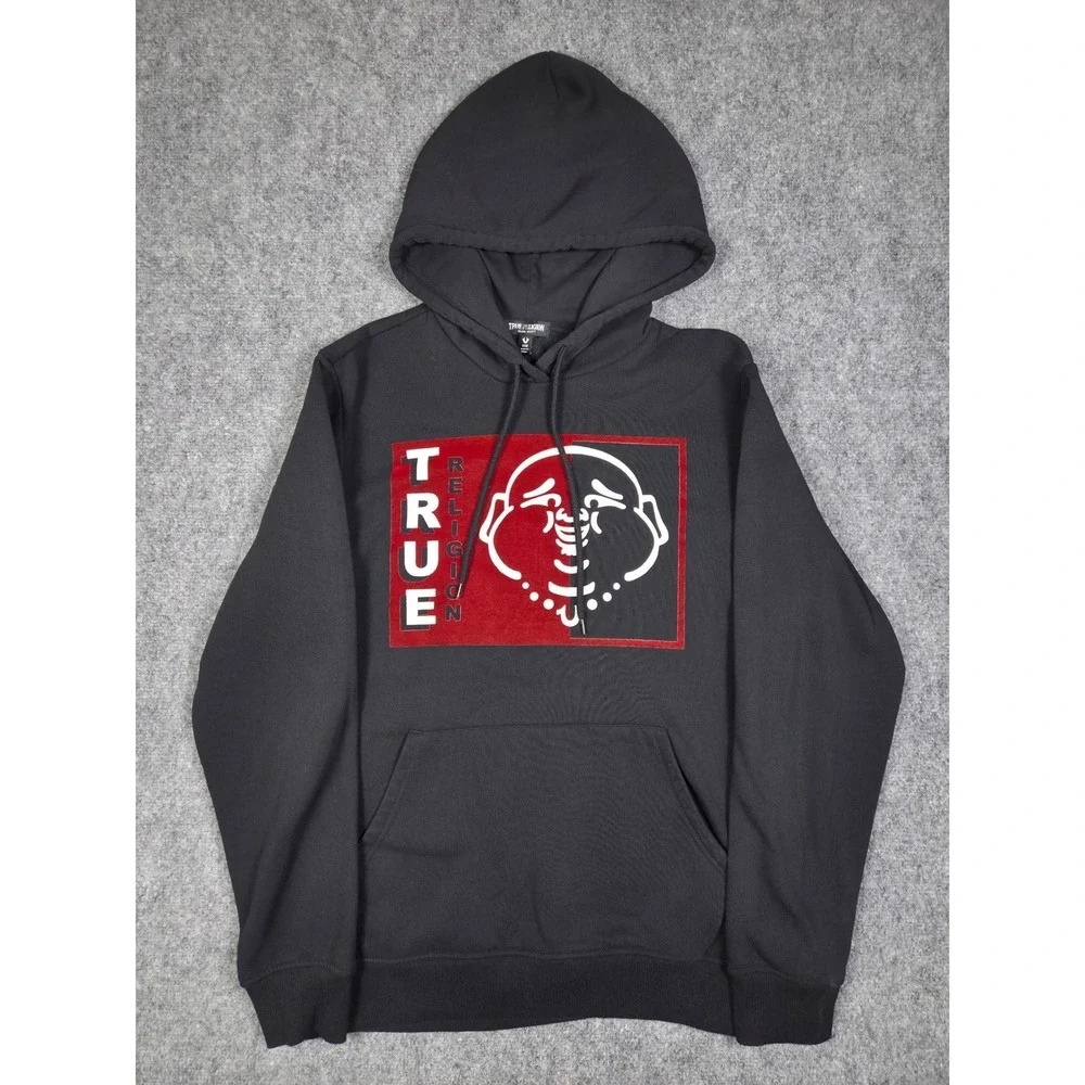 True Religion Hoodie Mens Medium Black Buddha Flocked Pullover Sweatshirt